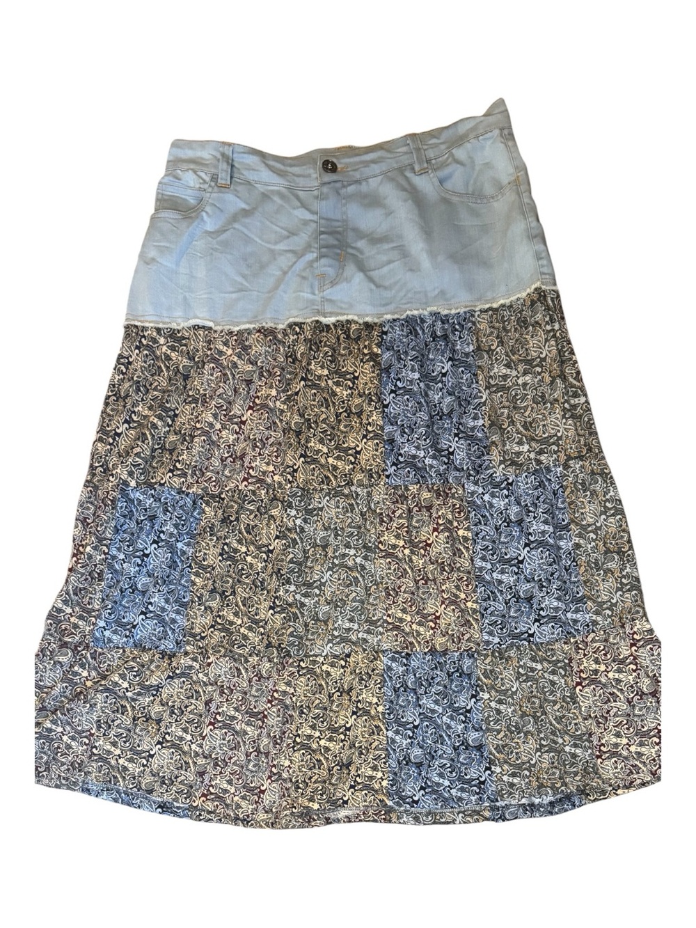 Gypsy Rose Boho Denim and Paisley Patchwork Maxi Skirt